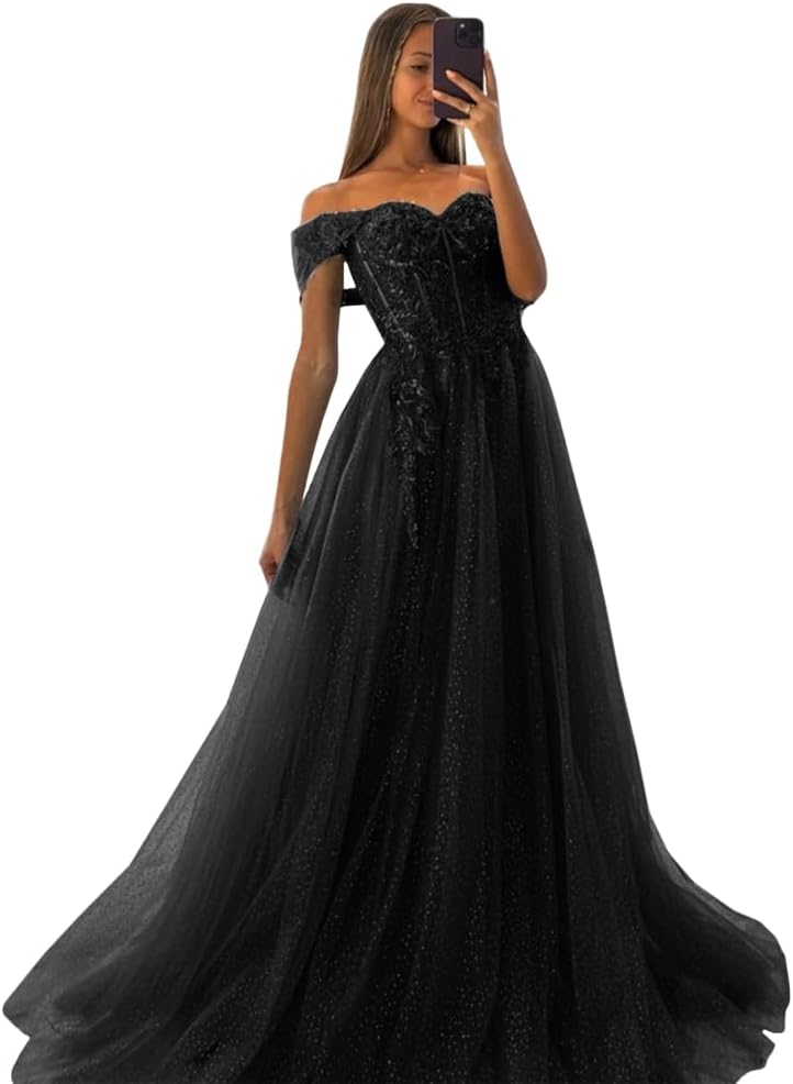 Off The Shoulder Tulle Prom Dresses 2027 Lace Applique A Line Long Sparkly Formal Evening Party Gowns