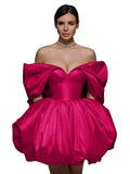 Off The Shoulder Short Wedding Dresses for Bride Puffy Satin Bridal Dresses w/Pockets Strapless Formal Ball Gowns