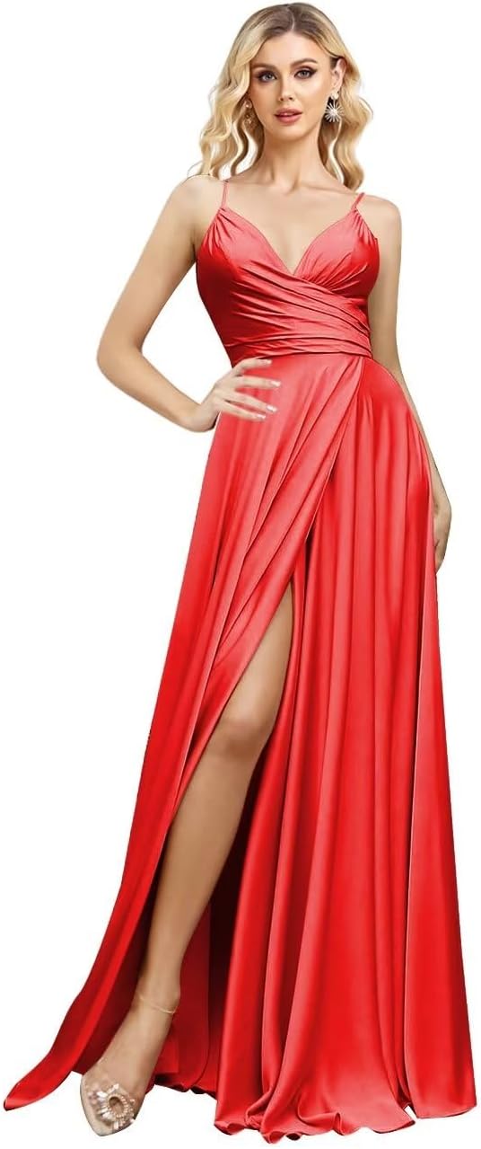 V Neck Satin Bridesmaid Dresses Spaghetti Straps Prom Dress Slit Wedding Formal Evening Party Dress