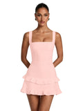 Spaghetti Straps Satin Homecoming Dresses for Teens 2026 Square Neck Tiered Ruffles Short Prom Dress