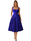 Floral Jacquard Satin Prom Dresses for Women Tea Length Formal Evening Party Dress with Pockets
