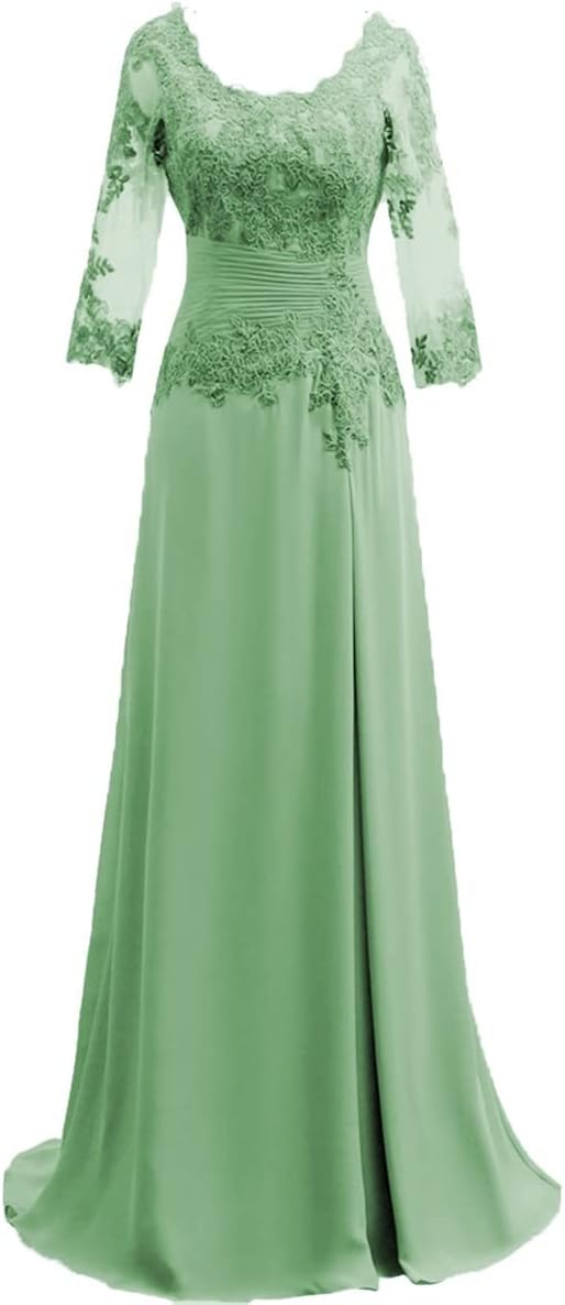 Women's Lace Appliqued Mother of The Bride Dresses 3/4 Sleeves Scoop Long Formal Evening Dress