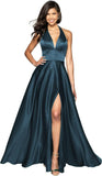 Womens Satin Prom Dresses Long with Slit Halter Evening Formal Gowns for Women with Pockets