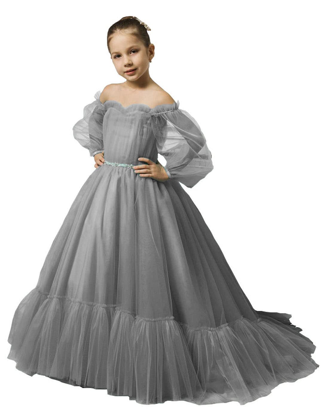 Puffy Sleeves Flower Girl Dress for Wedding Tulle Princess Pageant Dress Kids Prom Ball Gown with Belt