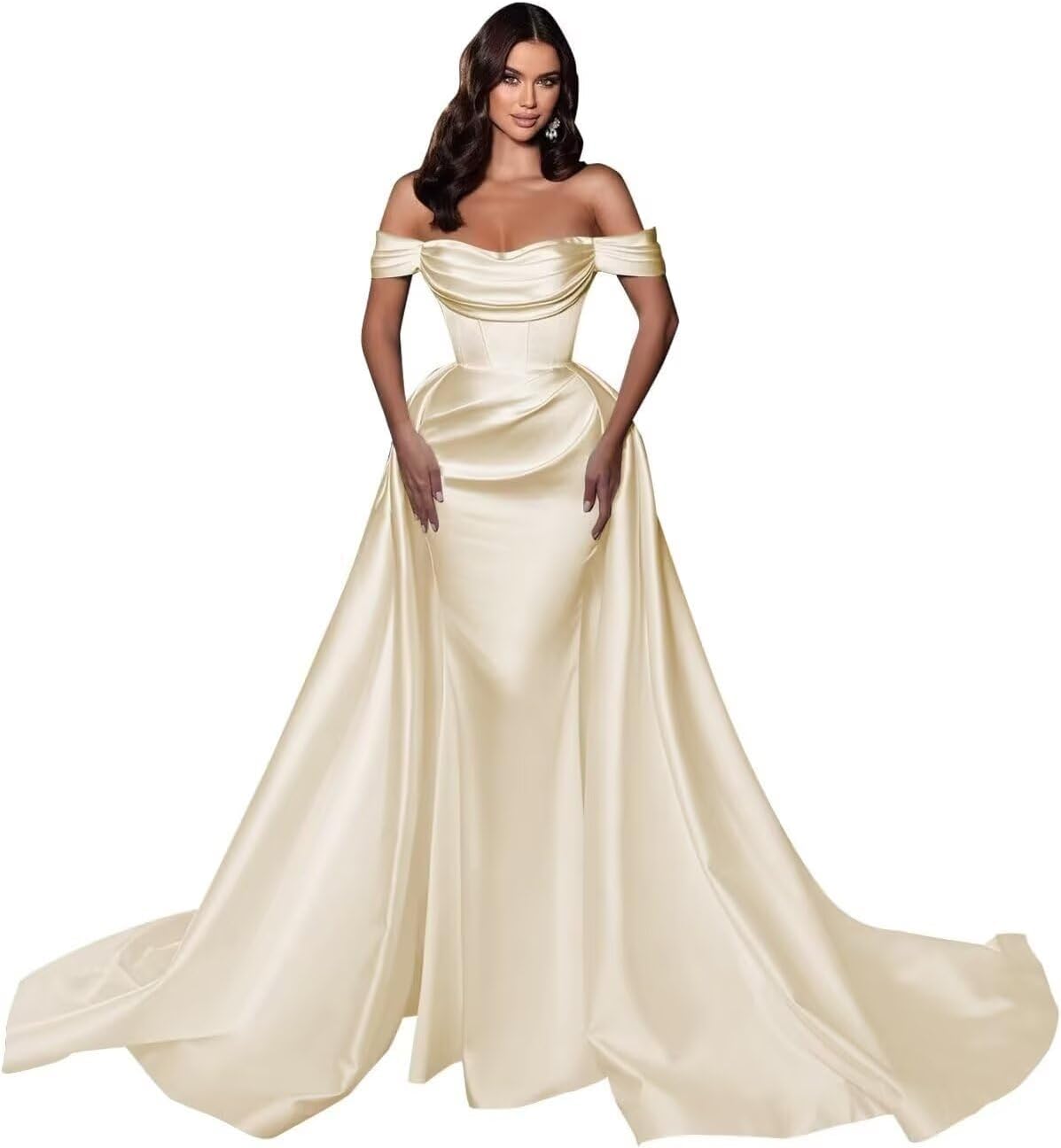 Mermaid Satin Prom Dresses for Women 2027 Long Off Shoulder Ruched Corset Formal Evening Dress Detachable Train