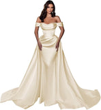 Mermaid Satin Prom Dresses for Women 2027 Long Off Shoulder Ruched Corset Formal Evening Dress Detachable Train