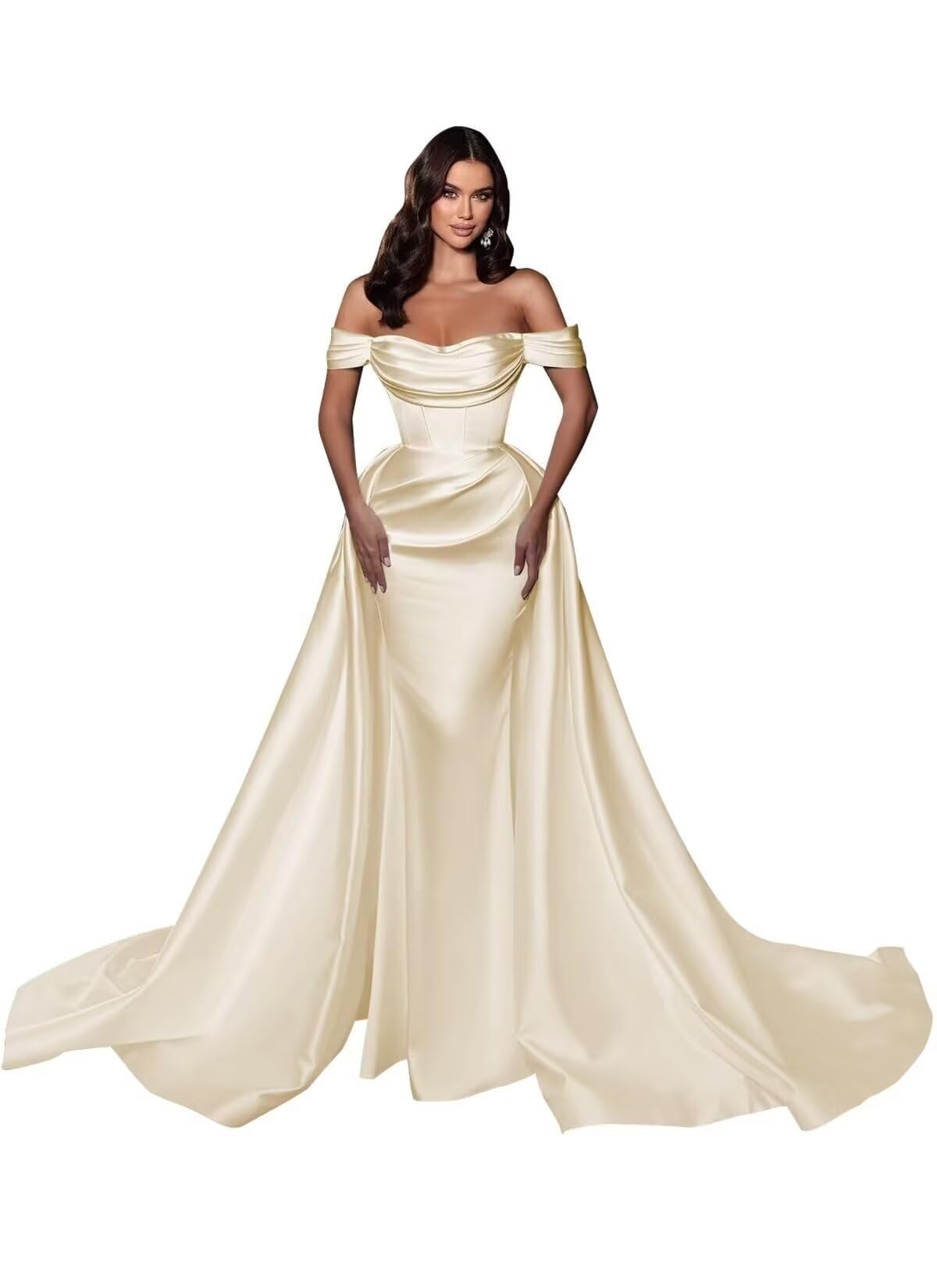 Mermaid Satin Prom Dresses for Women 2027 Long Off Shoulder Ruched Corset Formal Evening Dress Detachable Train