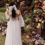 Women's Puffy Long Sleeve Prom Dresses with Slit Off Shoulder Tulle Wedding Formal Evening Gowns