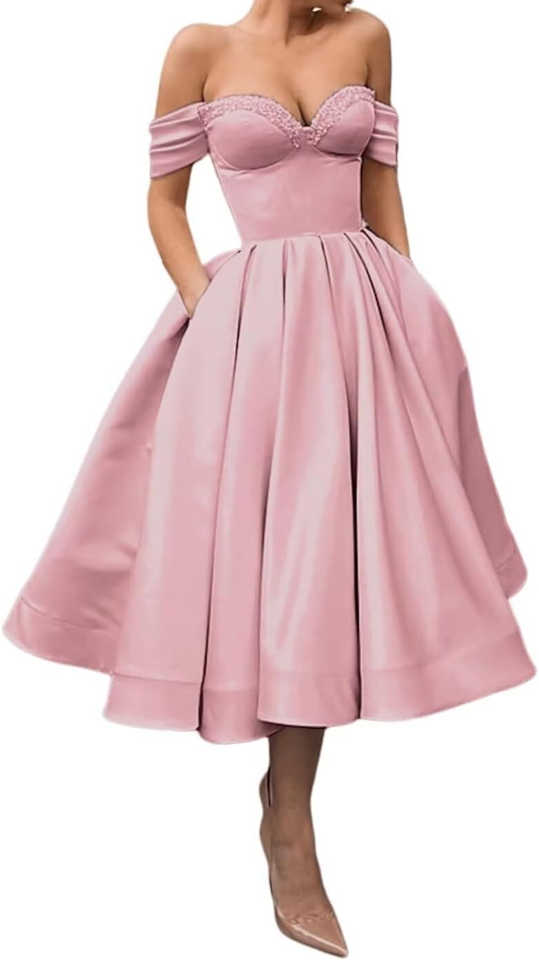 A Line Off Shoulder Prom Dresses for Women Satin Tea Length Cocktail Party Dresses with Pockets