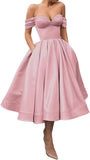 A Line Off Shoulder Prom Dresses for Women Satin Tea Length Cocktail Party Dresses with Pockets