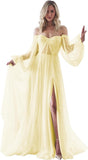 Women's Puffy Long Sleeve Prom Dresses with Slit Off Shoulder Tulle Wedding Formal Evening Gowns