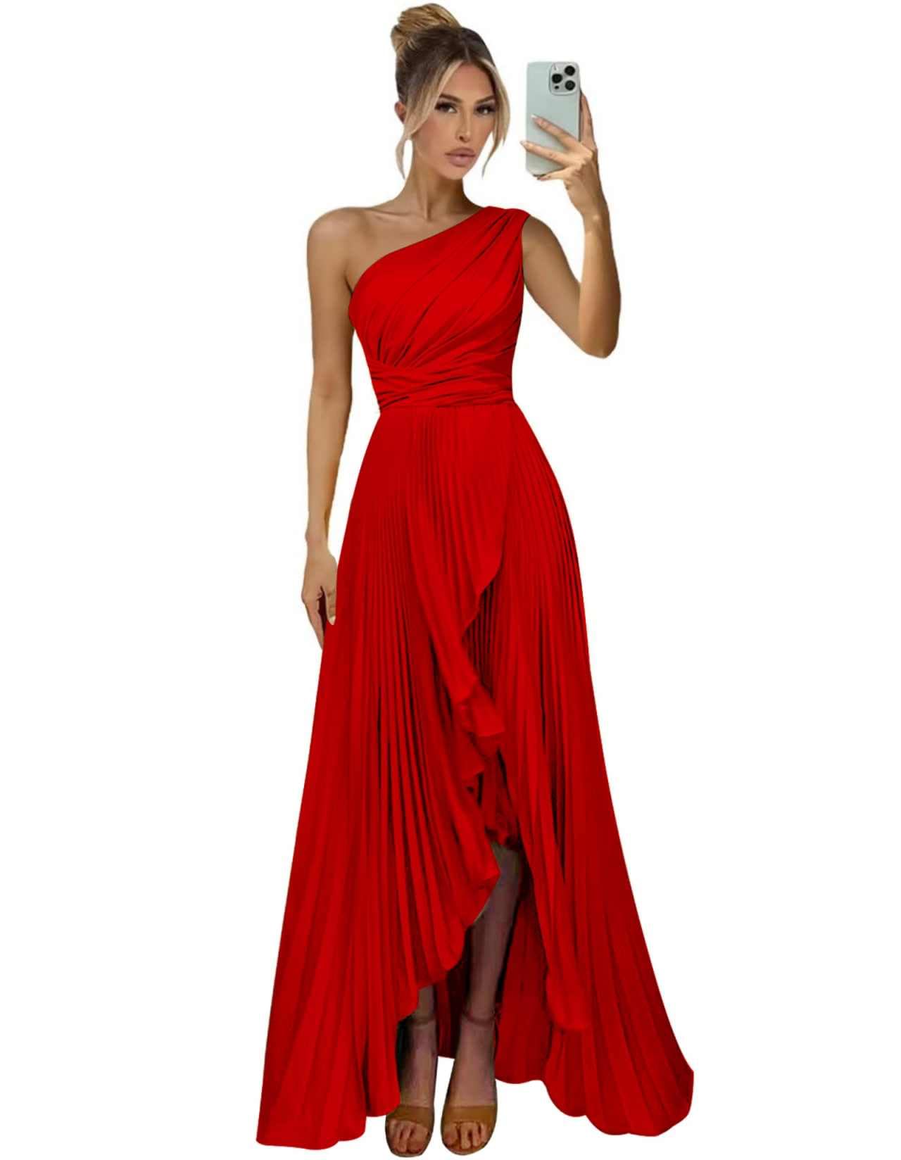 One Shoulder Bridesmaid Dresses for Women Satin Pleated Long A Line Formal Prom Evening Party Dress with Slit