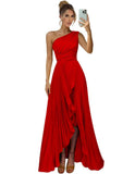 One Shoulder Bridesmaid Dresses for Women Satin Pleated Long A Line Formal Prom Evening Party Dress with Slit