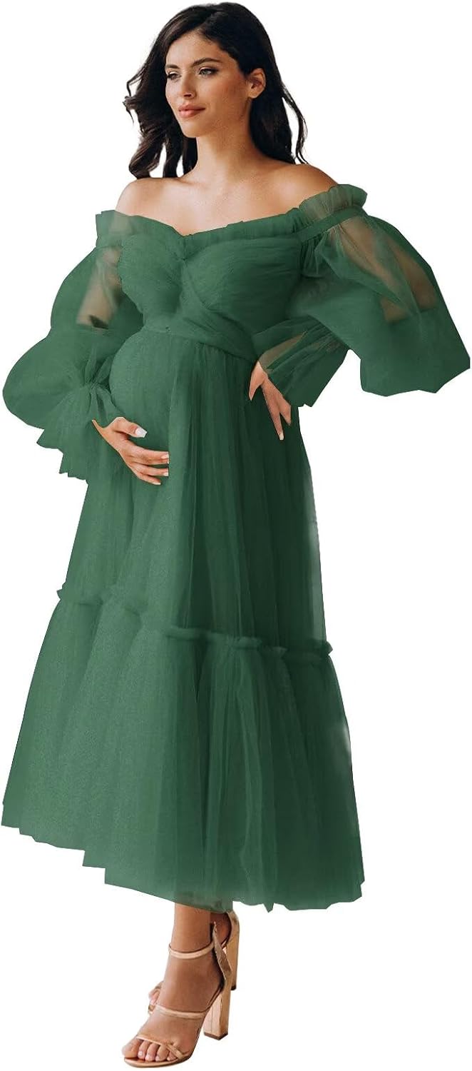 Eightale Tulle Tea Length Maternity Dresses for Photo Shoot Long Sleeve Pregnancy Gown for Baby Shower