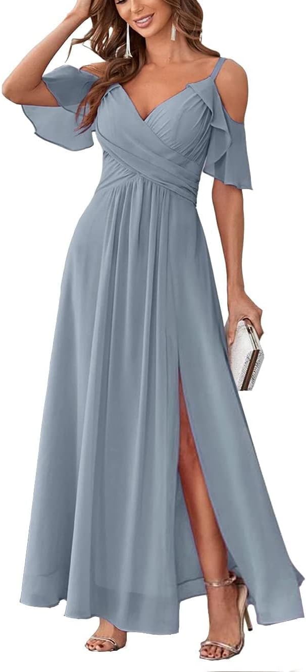 Women's Cold Shoulder Bridesmaid Dresses Long Summer Side Slit Chiffon Formal Evening Gown with Pockets