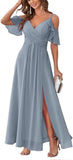 Women's Cold Shoulder Bridesmaid Dresses Long Summer Side Slit Chiffon Formal Evening Gown with Pockets