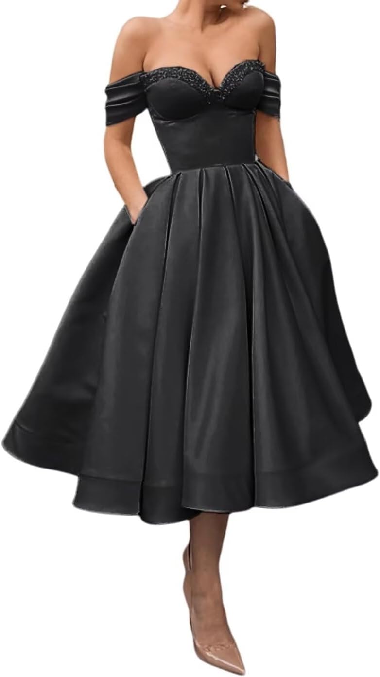 A Line Off Shoulder Prom Dresses for Women Satin Tea Length Cocktail Party Dresses with Pockets