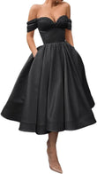 A Line Off Shoulder Prom Dresses for Women Satin Tea Length Cocktail Party Dresses with Pockets