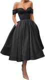 A Line Off Shoulder Prom Dresses for Women Satin Tea Length Cocktail Party Dresses with Pockets