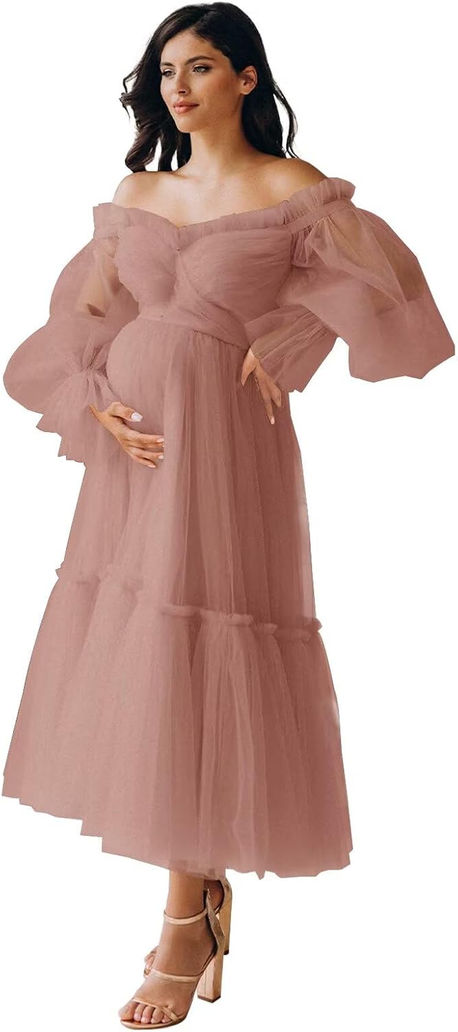 Eightale Tulle Tea Length Maternity Dresses for Photo Shoot Long Sleeve Pregnancy Gown for Baby Shower