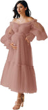 Eightale Tulle Tea Length Maternity Dresses for Photo Shoot Long Sleeve Pregnancy Gown for Baby Shower