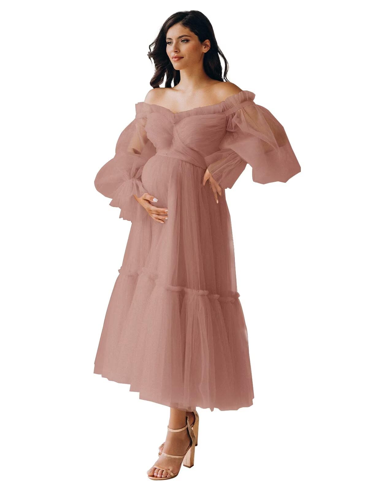 Eightale Tulle Tea Length Maternity Dresses for Photo Shoot Long Sleeve Pregnancy Gown for Baby Shower