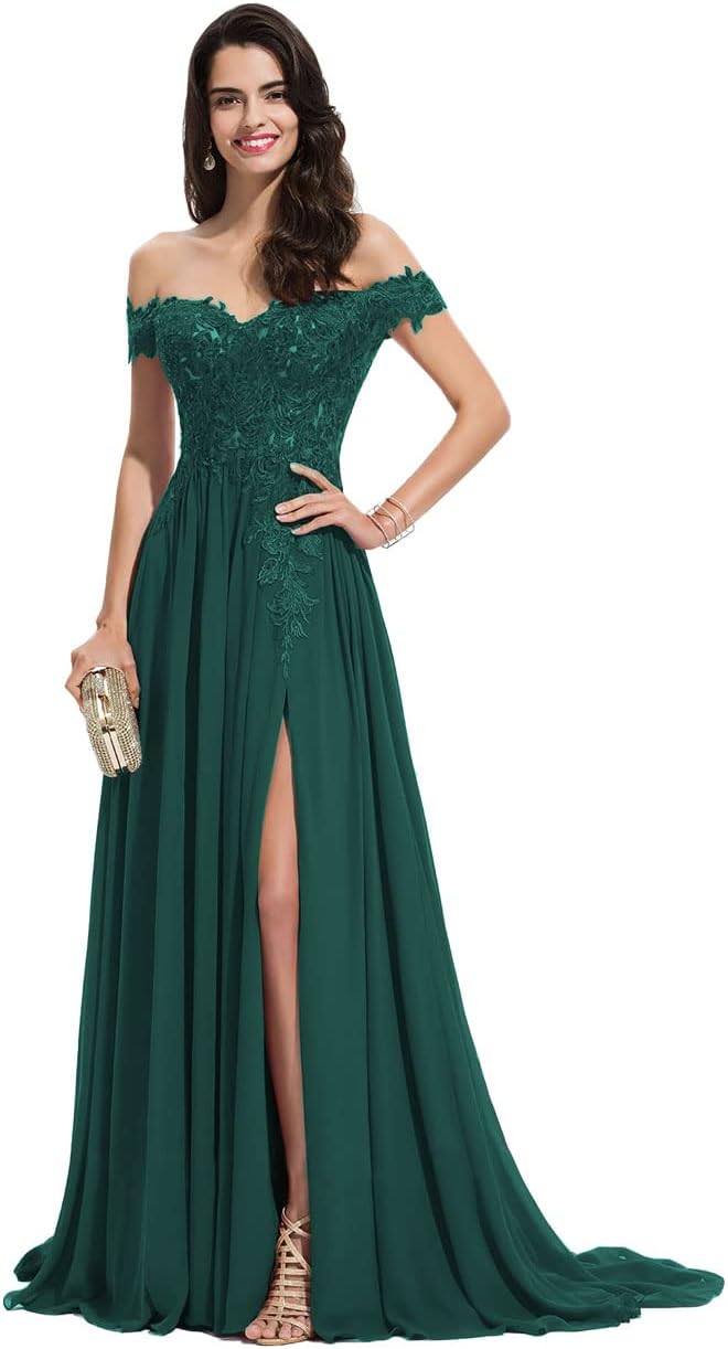Women's Off The Shoulder Long Prom Dresses with Slit Lace Appliqued Chiffon Formal Party Gowns