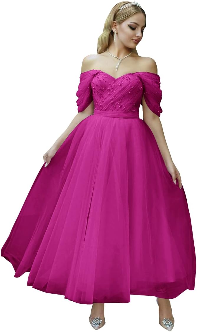 Tulle Tea Length Prom Dresses for Women Off The Shoulder Ball Gowns Teens Sweetheart Beaded Puffy Princess Dress