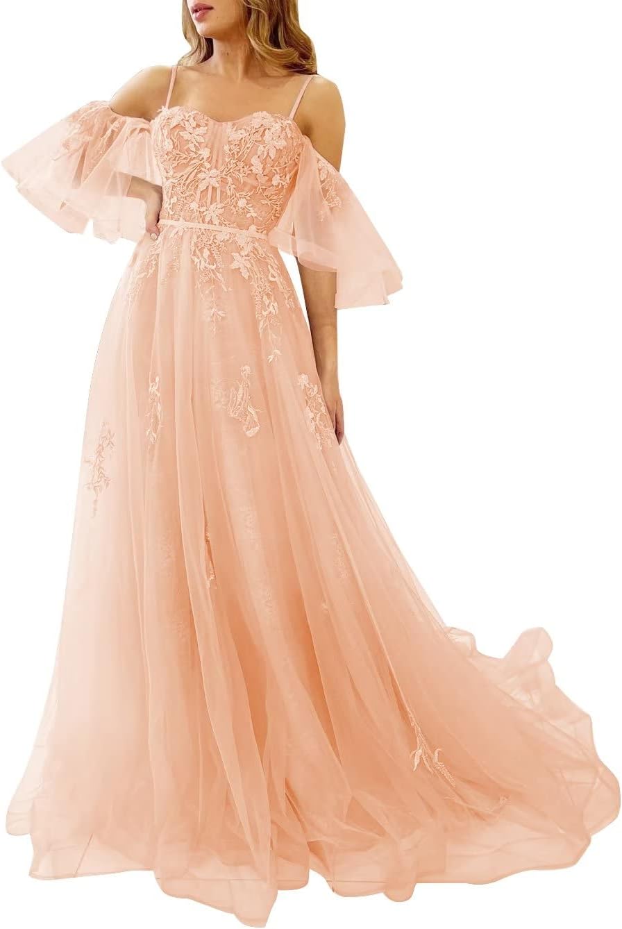 Vestidos de fiesta de tul con hombros descubiertos para adolescentes, vestidos formales con apliques de encaje, vestido de fiesta de noche formal de línea A