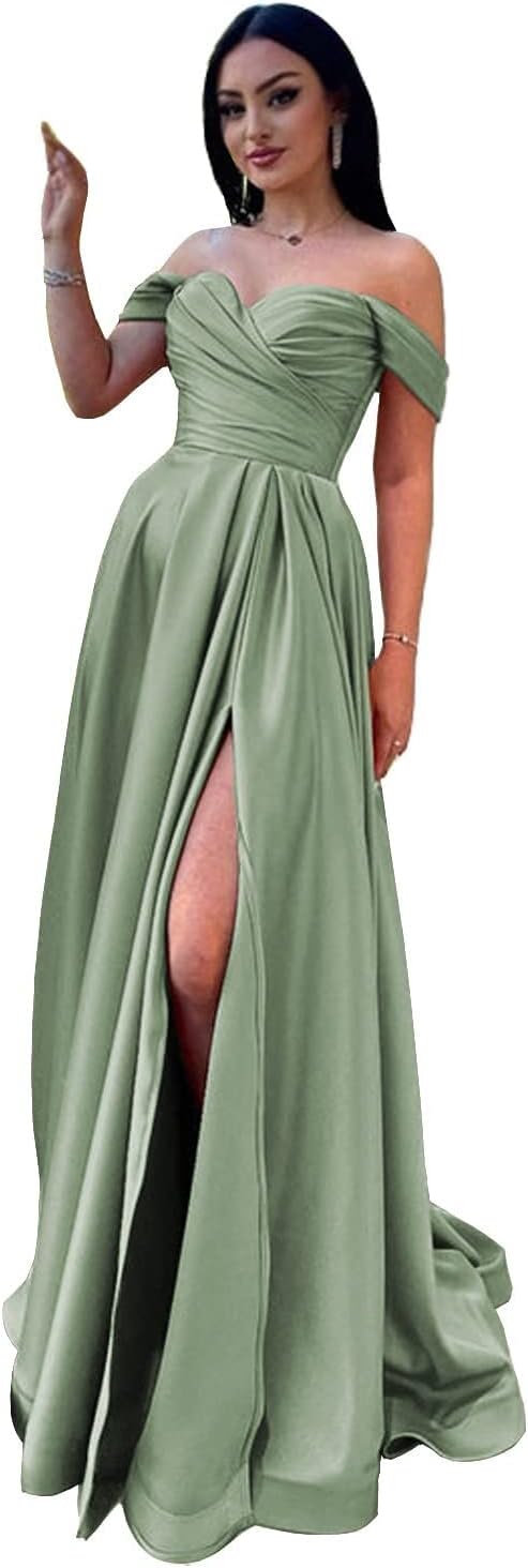 Schulterfreies Satin-Ballkleid, herzförmiger Ausschnitt, formelles Kleid, A-Linie, Abendkleid mit Schlitz 