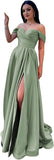 Schulterfreies Satin-Ballkleid, herzförmiger Ausschnitt, formelles Kleid, A-Linie, Abendkleid mit Schlitz 