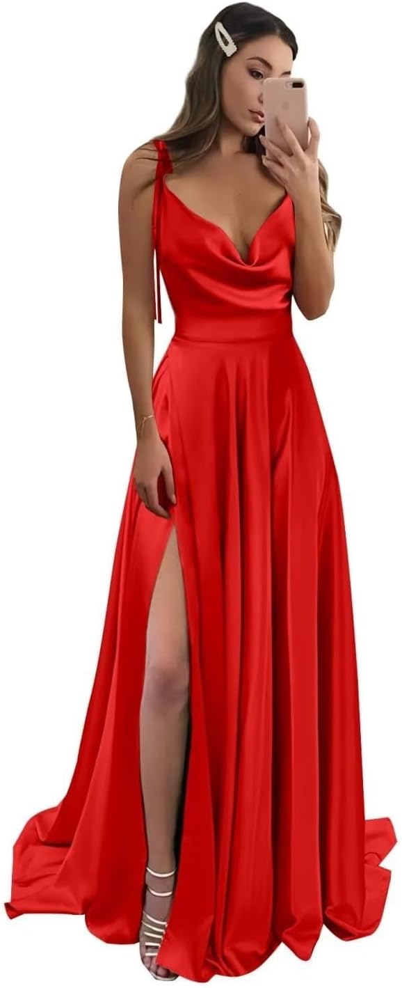 Vestidos de fiesta largos de satén con abertura alta para mujer, 2024, tirantes finos ajustables, vestidos de fiesta formales con bolsillos 