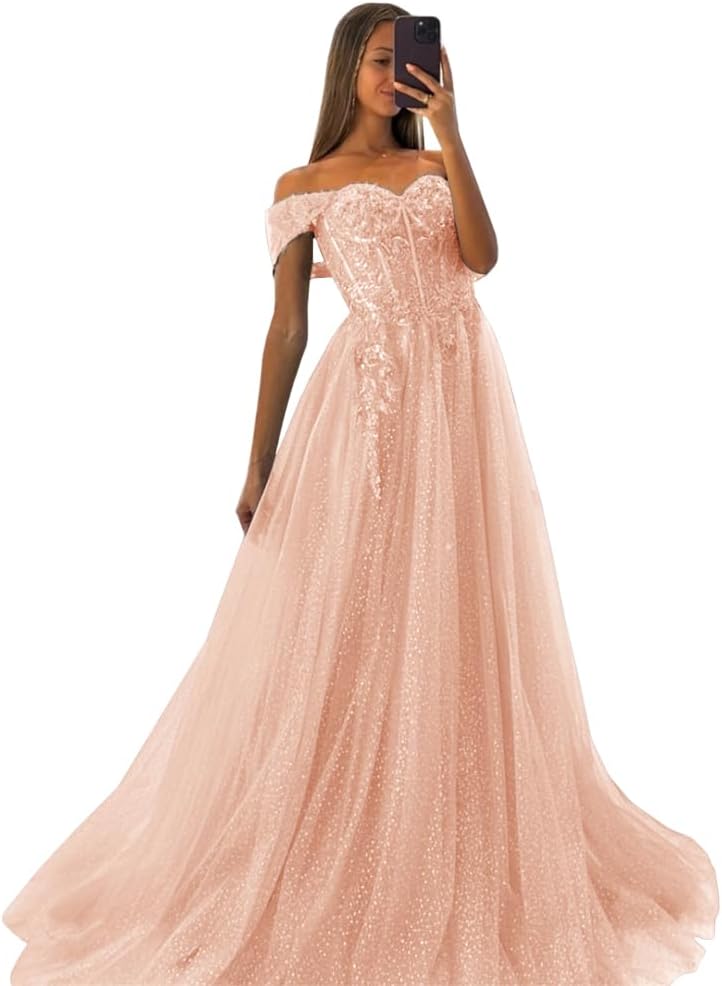 Off The Shoulder Tulle Prom Dresses 2027 Lace Applique A Line Long Sparkly Formal Evening Party Gowns