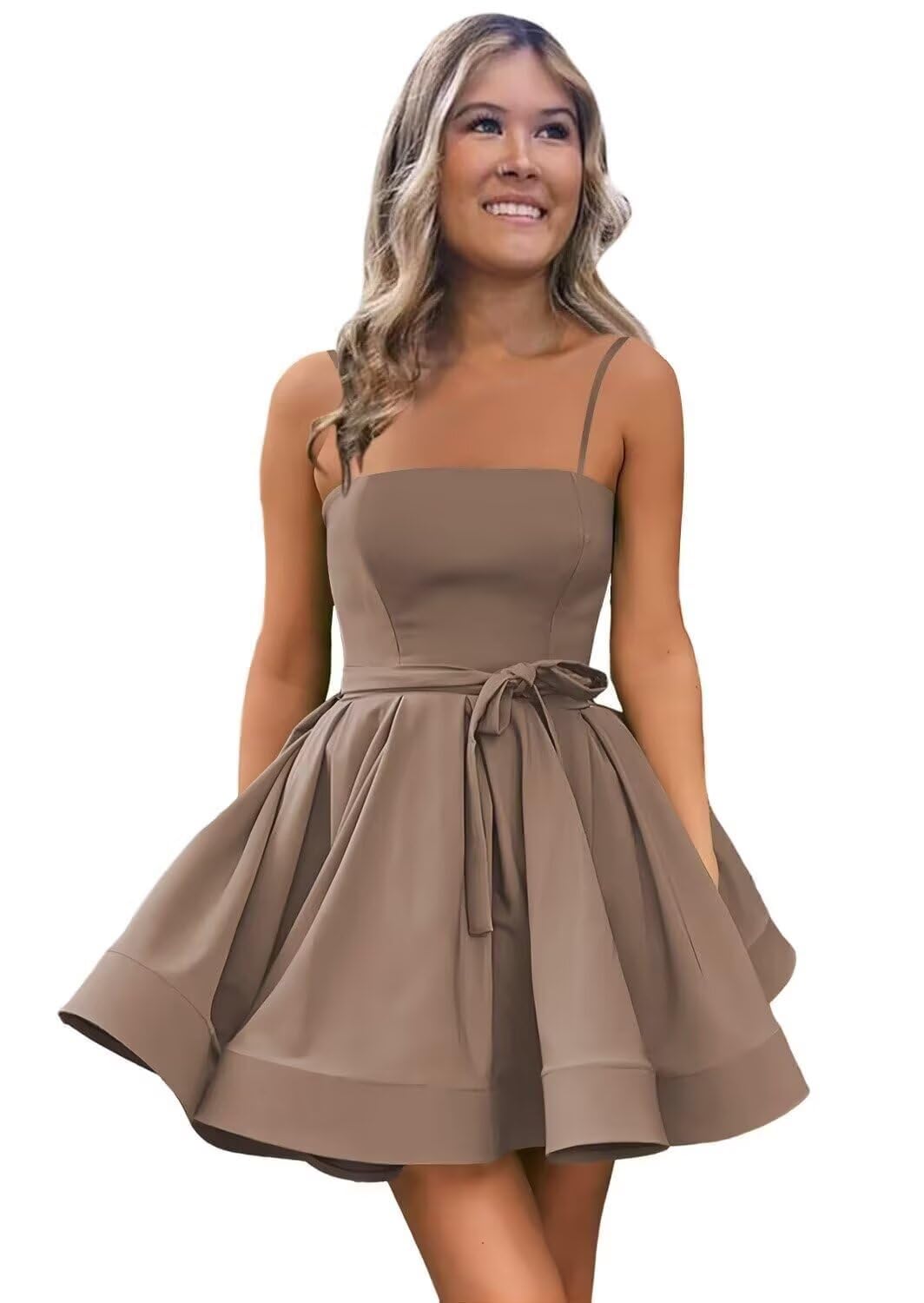 Women’s Short Satin Spaghetti Straps Formal Homecoming Dresses A Line Corset Puffy Prom Gown with Pockets for Teens