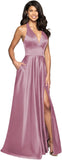 Womens Satin Prom Dresses Long with Slit Halter Evening Formal Gowns for Women with Pockets