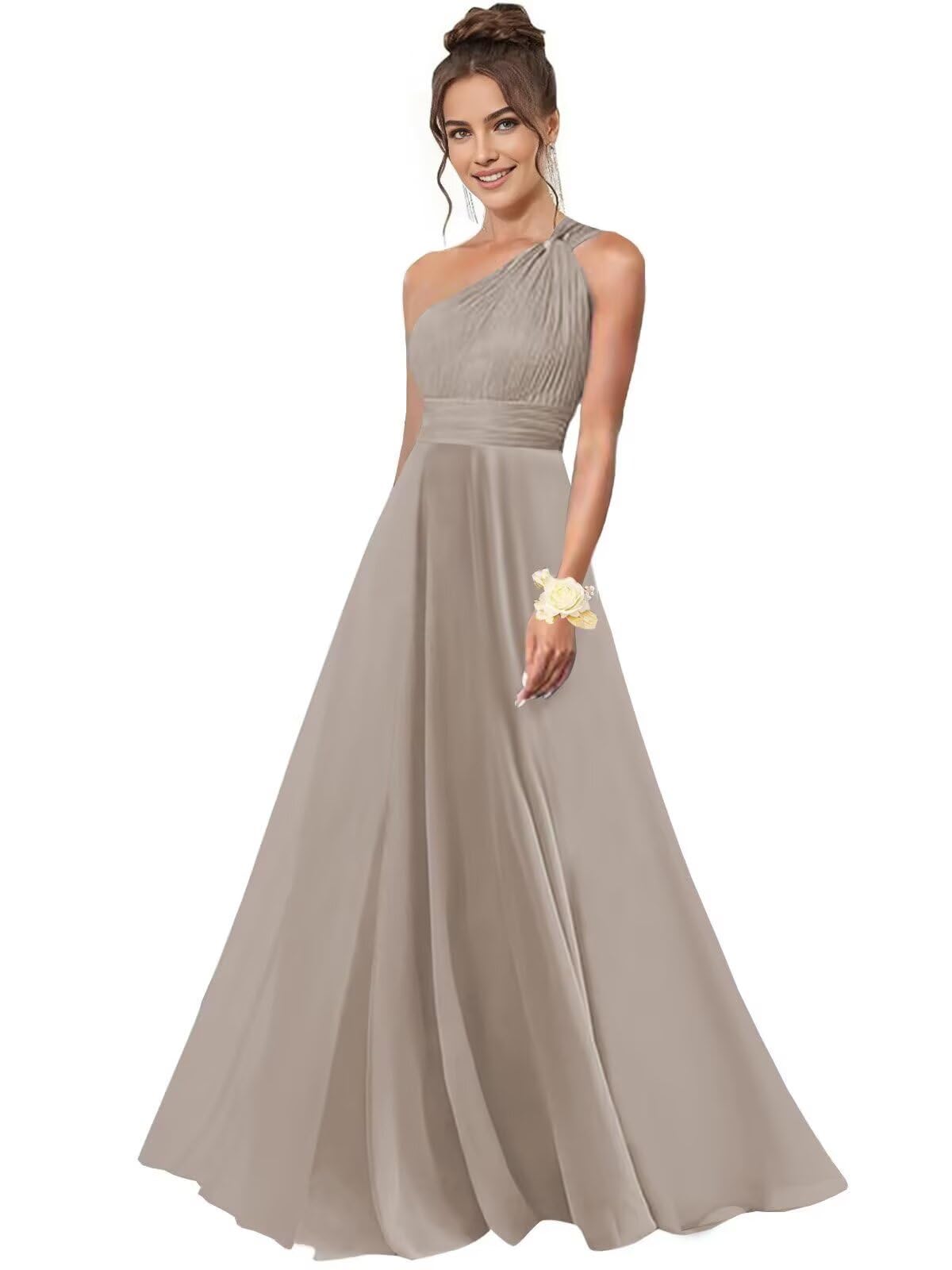 One Shoulder Bridesmaid Dresses for Women Chiffon A Line Pleated Long Formal Gowns with Pockets