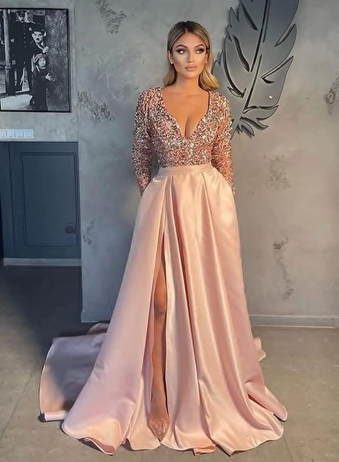 Vestido de fiesta de satén con lentejuelas brillantes para mujer, con bolsillos, manga larga y abertura. 