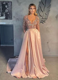 Vestido de fiesta de satén con lentejuelas brillantes para mujer, con bolsillos, manga larga y abertura. 