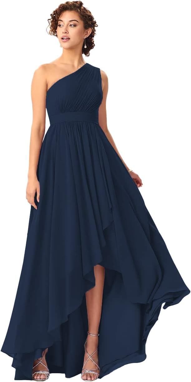 Women's One Shoulder Bridesmaid Dresses High Low Chiffon Formal Party Gowns with Pockets