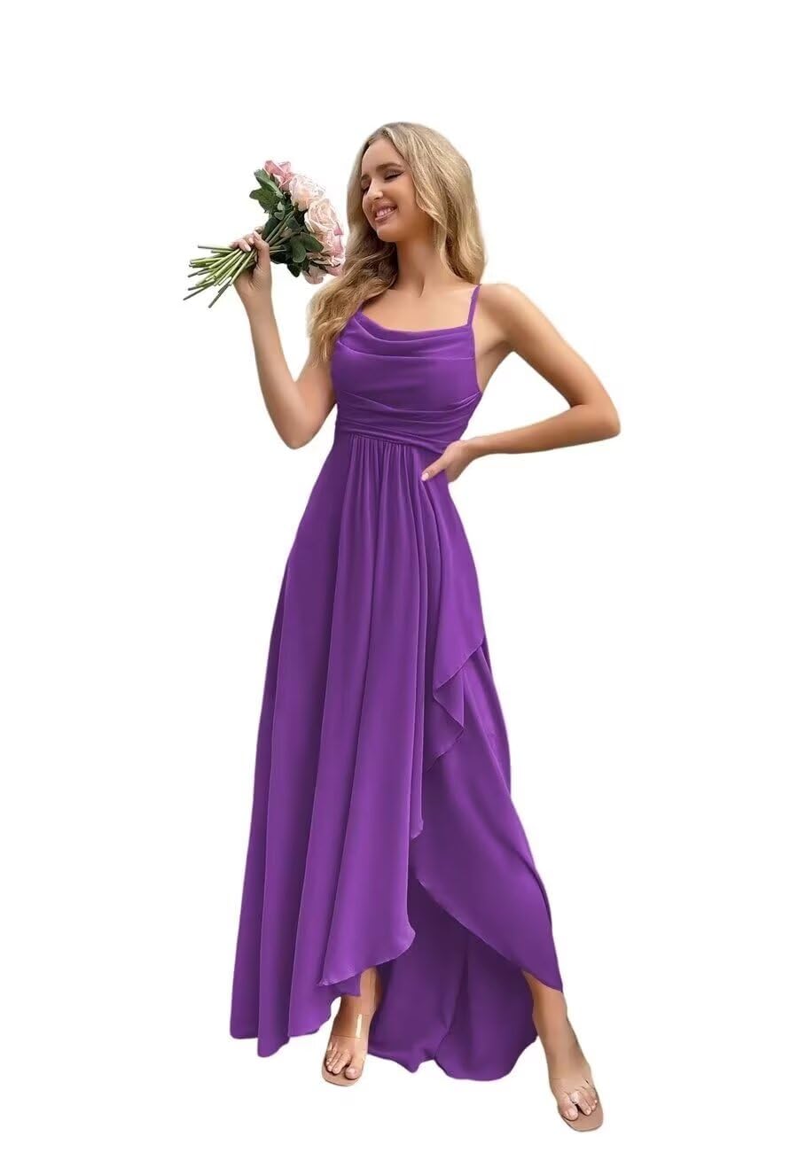 Spaghetti Strap Chiffon Bridesmaid Dresses for Women Long Ruched A-Line Cowl Neck Formal Evening Gowns with Slit