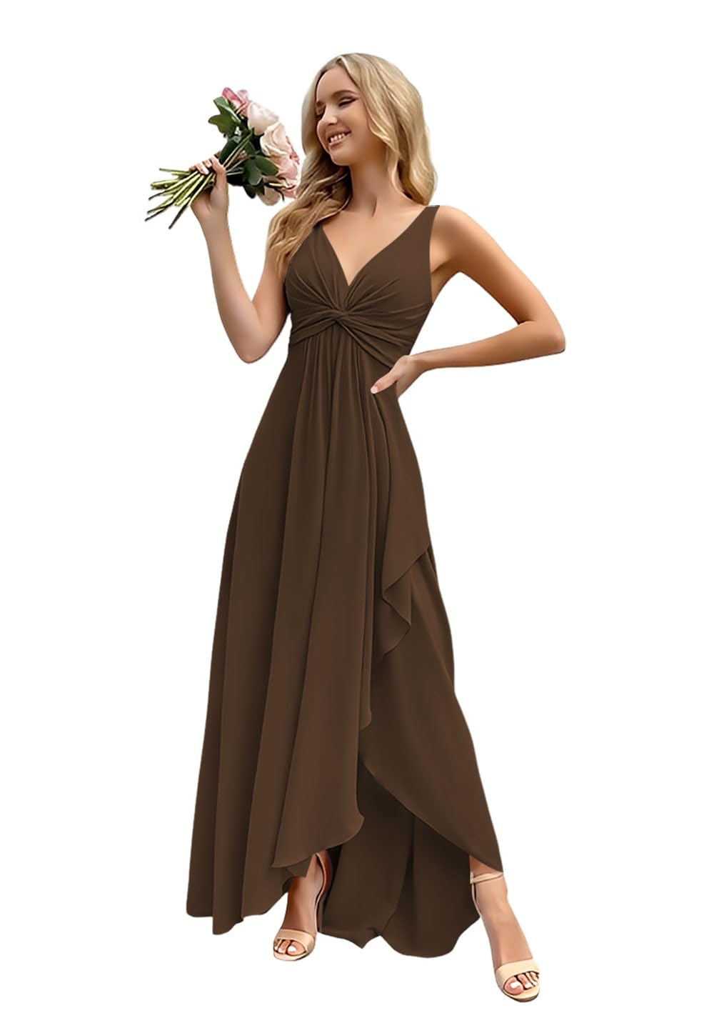 Women’s Long Bridesmaid Dresses Sleeveless V-Neck Formal Wedding Guest Chiffon Prom Gowns for Teens