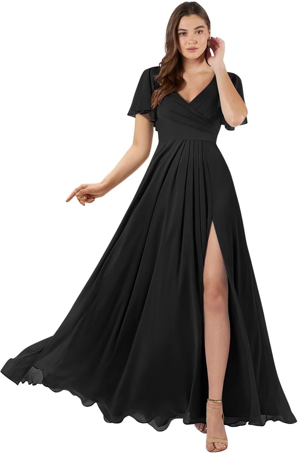 Damen Brautjungfernkleider mit Flatterärmeln, lang, mit Schlitz, V-Ausschnitt, Chiffon, formelle Kleider 