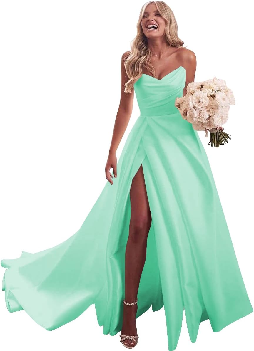 Strapless Satin Prom Wedding Dresses with Slit Long Pleats Formal Ball Bridal Gowns with Pockets