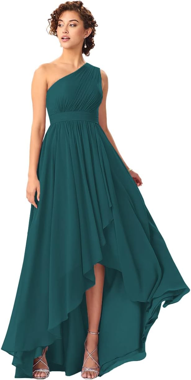 Women's One Shoulder Bridesmaid Dresses High Low Chiffon Formal Party Gowns with Pockets