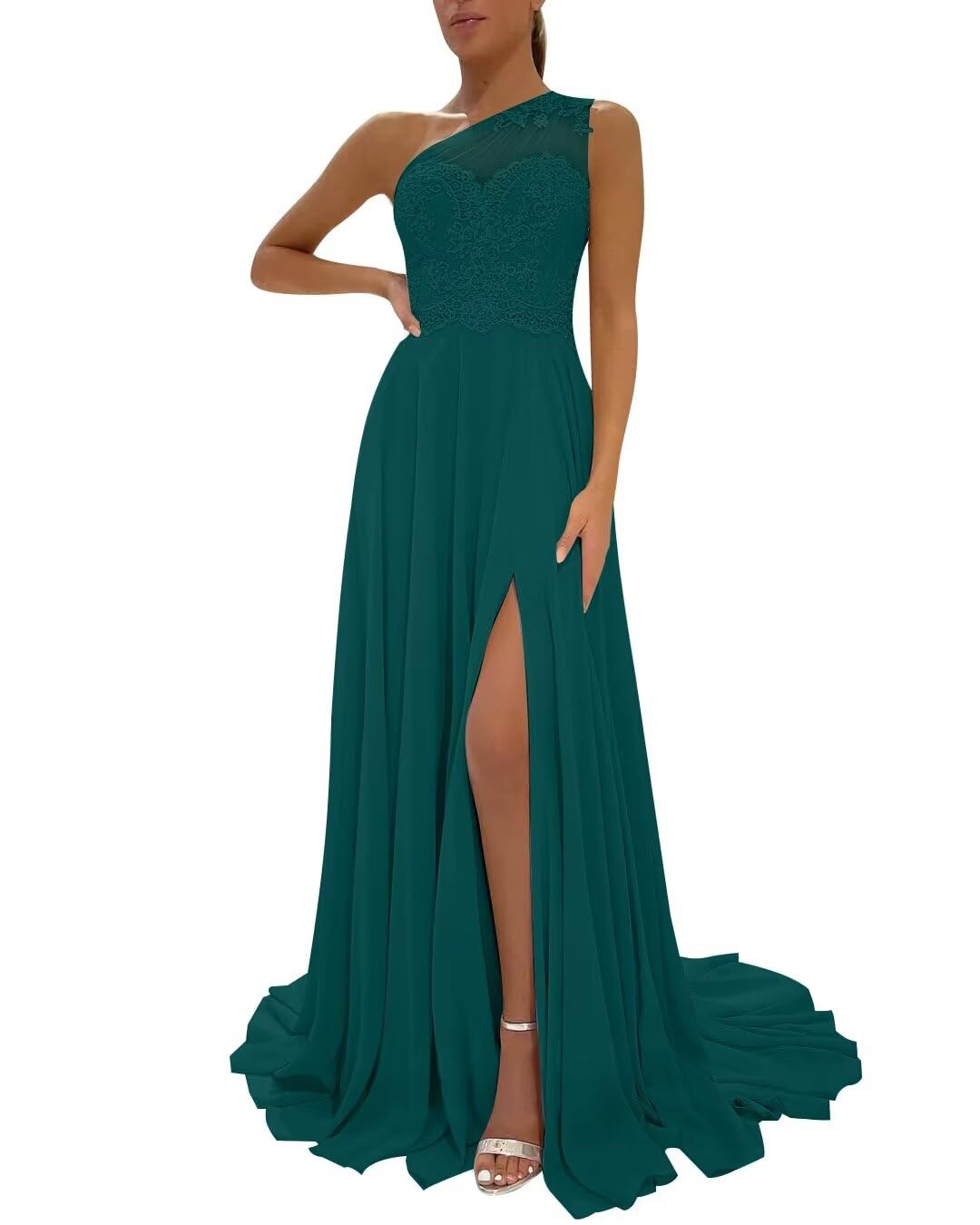 One Shoulder Chiffon Bridesmaid Dresses for Wedding 2026 Lace A-Line Slit Formal Evening Party Gown with Pockets