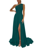 One Shoulder Chiffon Bridesmaid Dresses for Wedding 2026 Lace A-Line Slit Formal Evening Party Gown with Pockets