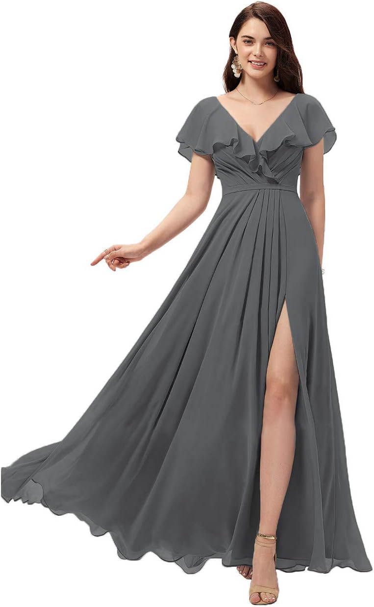 Vestidos de dama de honor largos con escote en V y volantes de gasa para mujer, vestidos de noche formales
