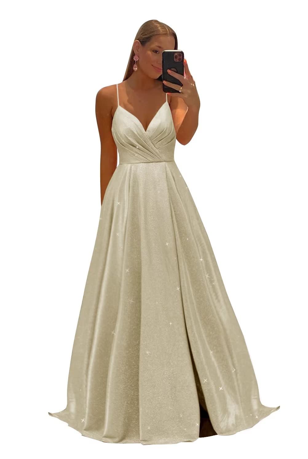 Women's Spaghetti Straps Prom Dresses Long V-Neck Sparkling Bridesmaid Dresses Formal Evening Gowns with High Slit