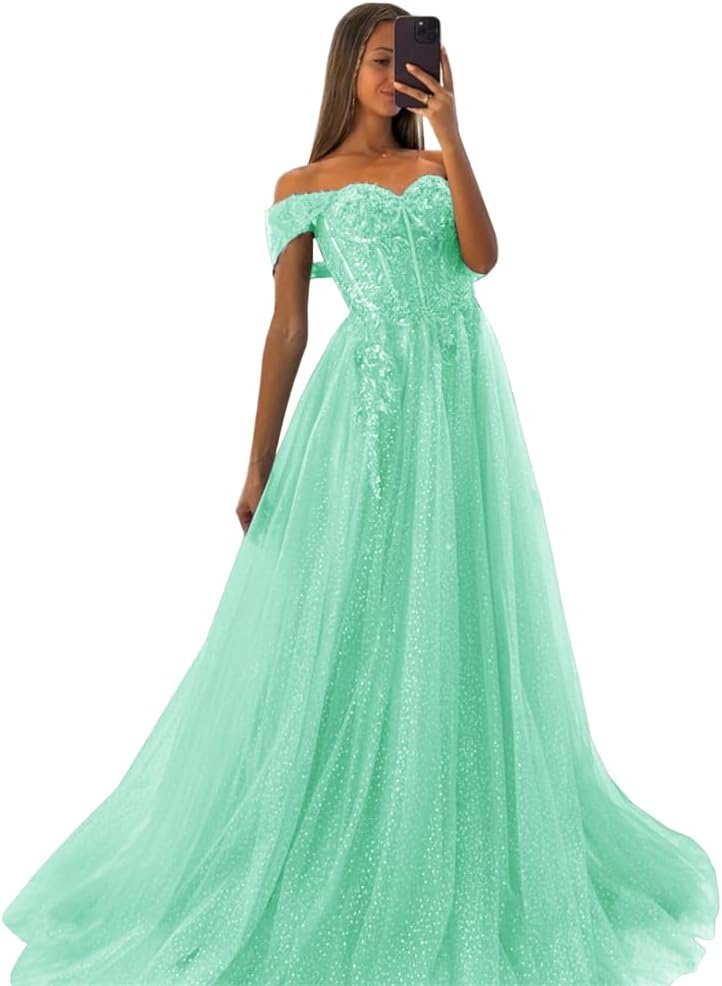 Off The Shoulder Tulle Prom Dresses 2027 Lace Applique A Line Long Sparkly Formal Evening Party Gowns