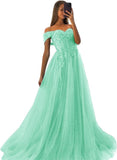 Off The Shoulder Tulle Prom Dresses 2027 Lace Applique A Line Long Sparkly Formal Evening Party Gowns